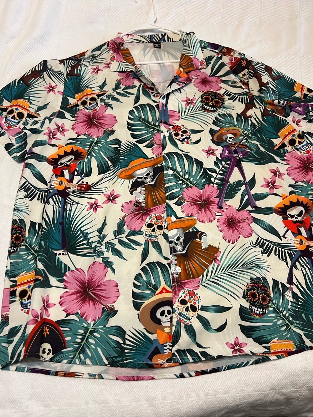 Tropical Day of the Dead Skull Print Button-Up Shirt - White/Pink/Green